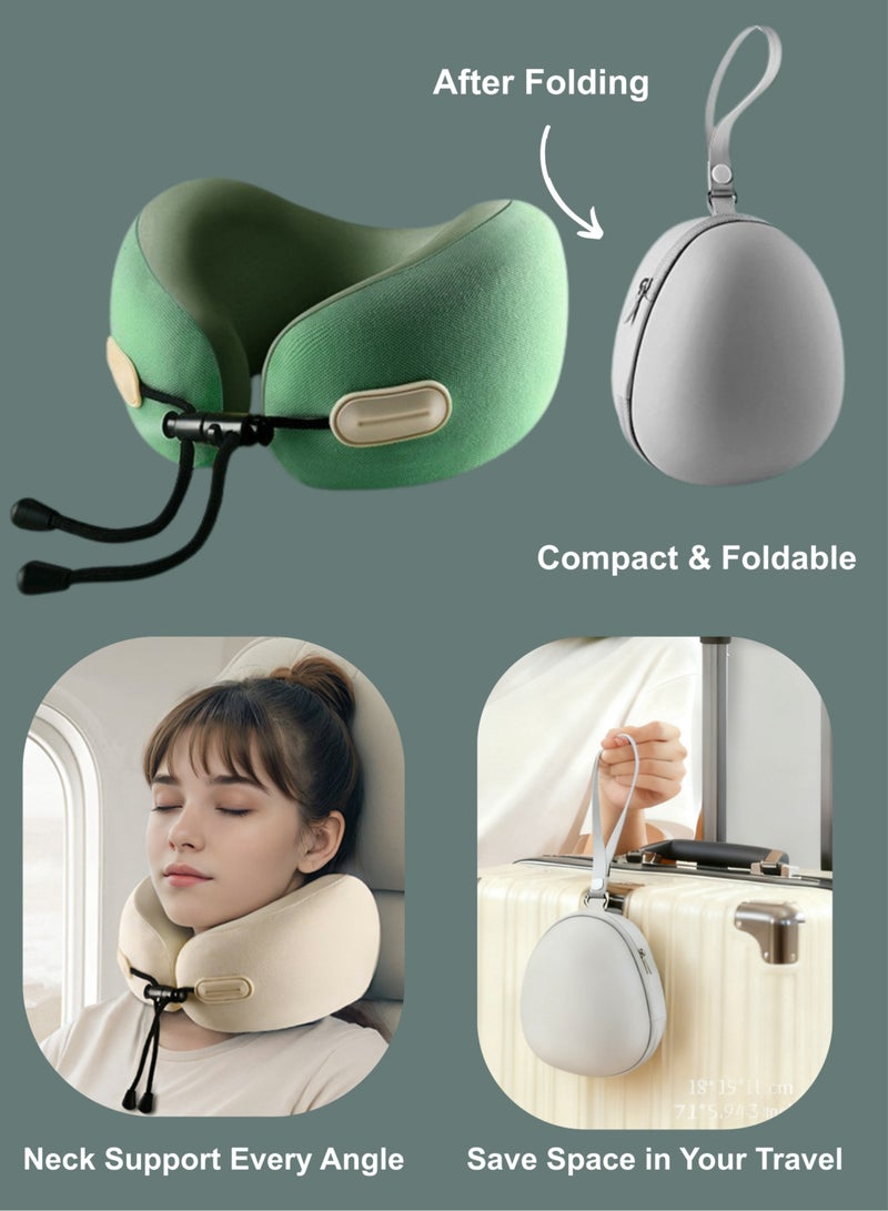 Travel Neck Pillow Memory Foam U Shape with Adjustable Head Support, Soft Green Ergonomic Pillow for Airplane & Car Travel, Portable Bag for Easy Carry, Ideal for Home & Office - Image 1